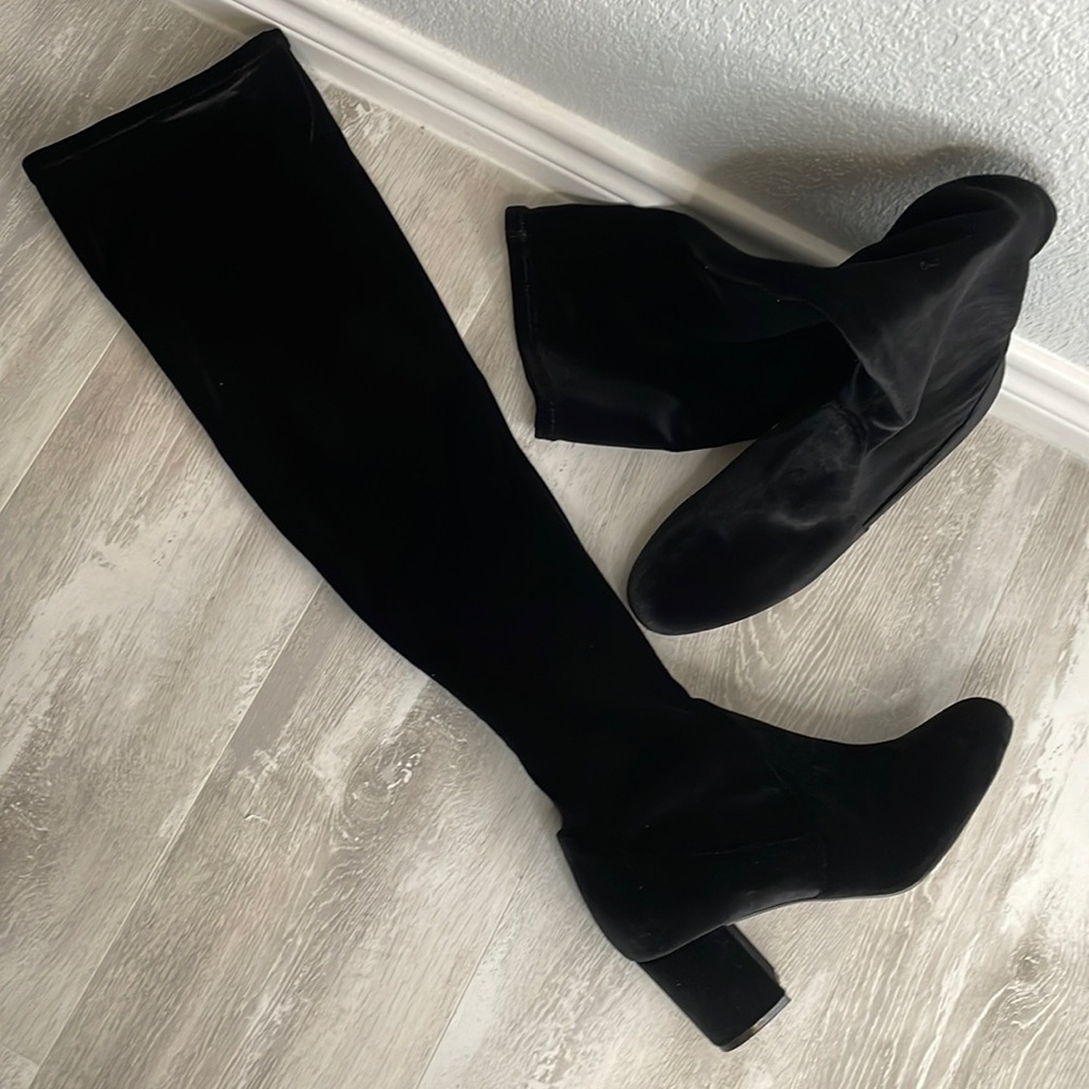 NIB INC Rikkie 2 Black Full Velvet Sock OTK Heel Boots 6.5